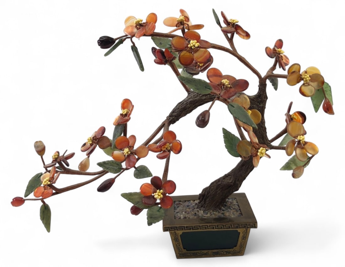 VTG Chinese Stone Bonsai Tree On Cloisonne Base: Vintage Chinese stone bonsai tree featuring carved agate and jade-colored stone flowers and leaves on wire-wrapped branches. Set in a brass and cloisonne planter with a dark green stone insert.