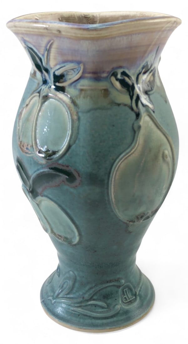 Deb Lapointe Studio Pottery Fruit Vase: Studio pottery vase by Deb Lapointe. Features a flared rim and raised fruit motif in a blue-green glaze with brown and purple accents. Stamped with "dL" maker's mark near the base. Good condition, no 