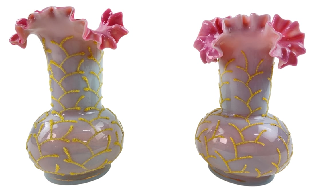 Pair Antique Victorian Coralene Art Glass Vases: Pair of antique Victorian handblown art glass vases. Features pink ruffled rims fading to opaque white bodies with textured yellow coralene branch decorations. Rough pontil marks on bases confirm hand