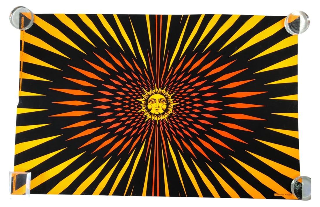 Joanne Koblin Artko Studios Hypnotic Sun Poster: 1971 "Hypnotic Sun" silkscreen poster by Joanne Koblin, published by Artko Studios (Albuquerque, NM). Features a vibrant orange and yellow radiating sunburst design on a black background. Marked