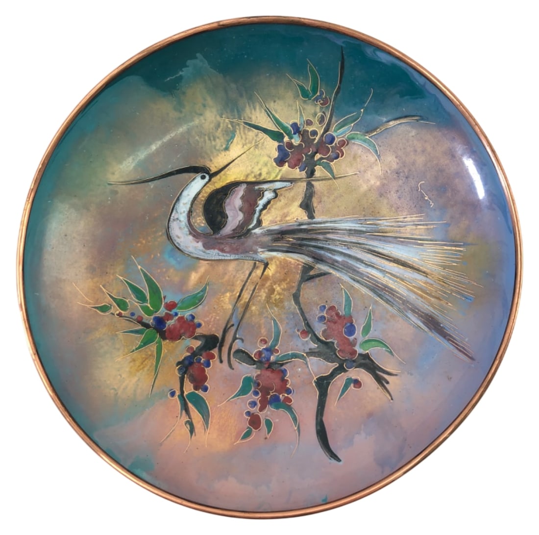 Holland Enamel on Copper Heron Bowl 8 3/4": Handpainted enamel on copper shallow bowl made in Holland. Features a stylized heron or crane perched on a branch with berries against a teal and gold background. Artist signed on the front. Retains o