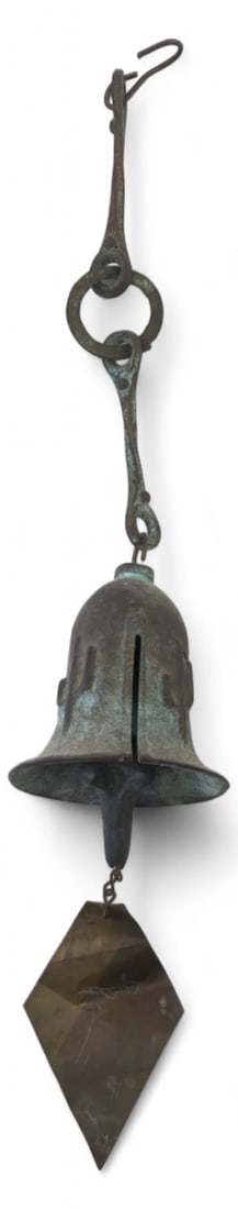 VTG Southwestern Bronze Cactus Wind Bell: Vintage cast bronze wind bell featuring a raised saguaro cactus motif and heavy verdigris patina. Includes a textured clapper and folded diamond-shaped sheet metal wind catcher. Unmarked, in the style