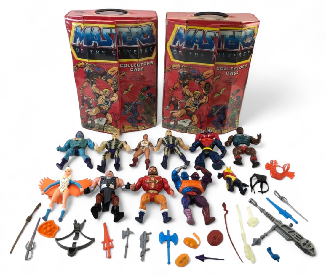 Mattel Masters of the Universe Figure & Case Lot: Lot of 11 Mattel Masters of the Universe action figures, assorted accessories, and two vinyl collector cases. Characters include Skeletor, Sorceress, Ram Man, Two-Bad, and Mantenna. Marked Mattel