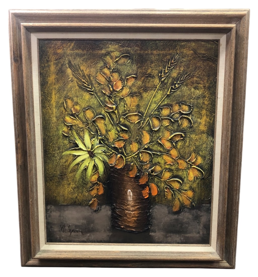 Charles Wendell Helgason Impasto Floral Painting: Original oil on canvas painting by Charles Wendell Helgason featuring a heavily textured impasto floral still life in a brown vase. Signed "Helgason" lower left. Housed in a rustic wood frame. Canvas