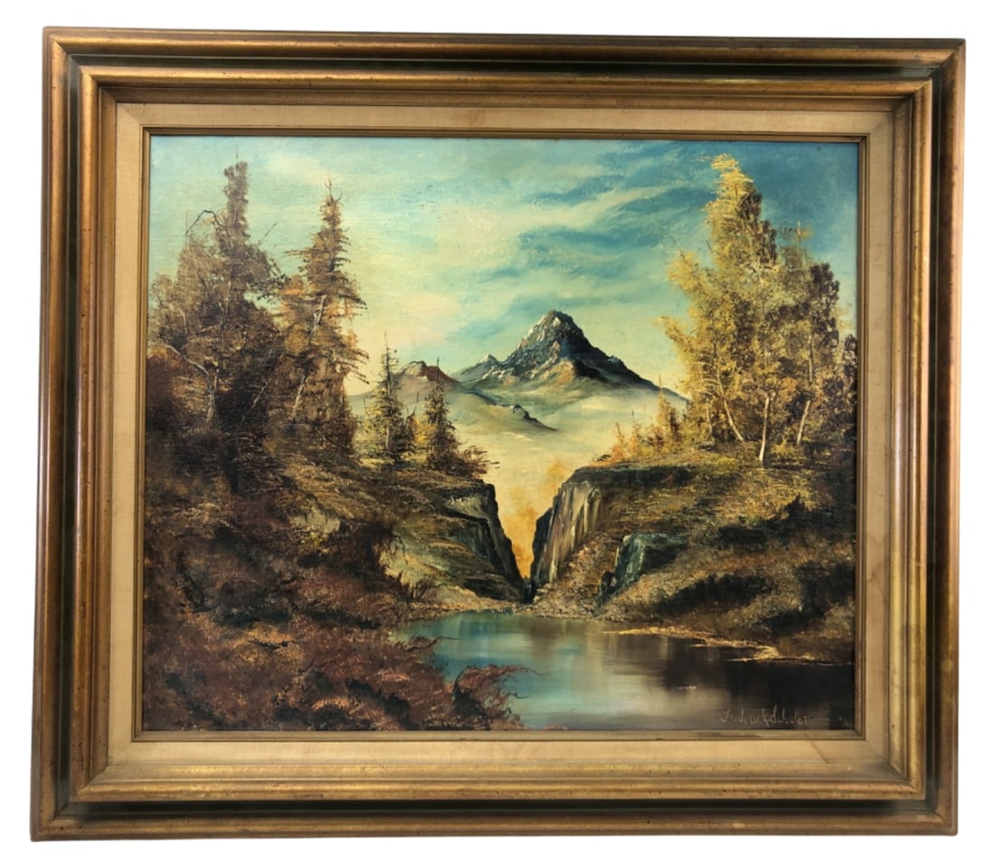 Frederick Schuler Autumn Golds Oil Painting: Framed original oil on canvas landscape painting titled "Autumn Golds" by Frederick Schuler, dated '77. Features a mountain and lake scene in autumnal colors. Signed lower right. Retains original