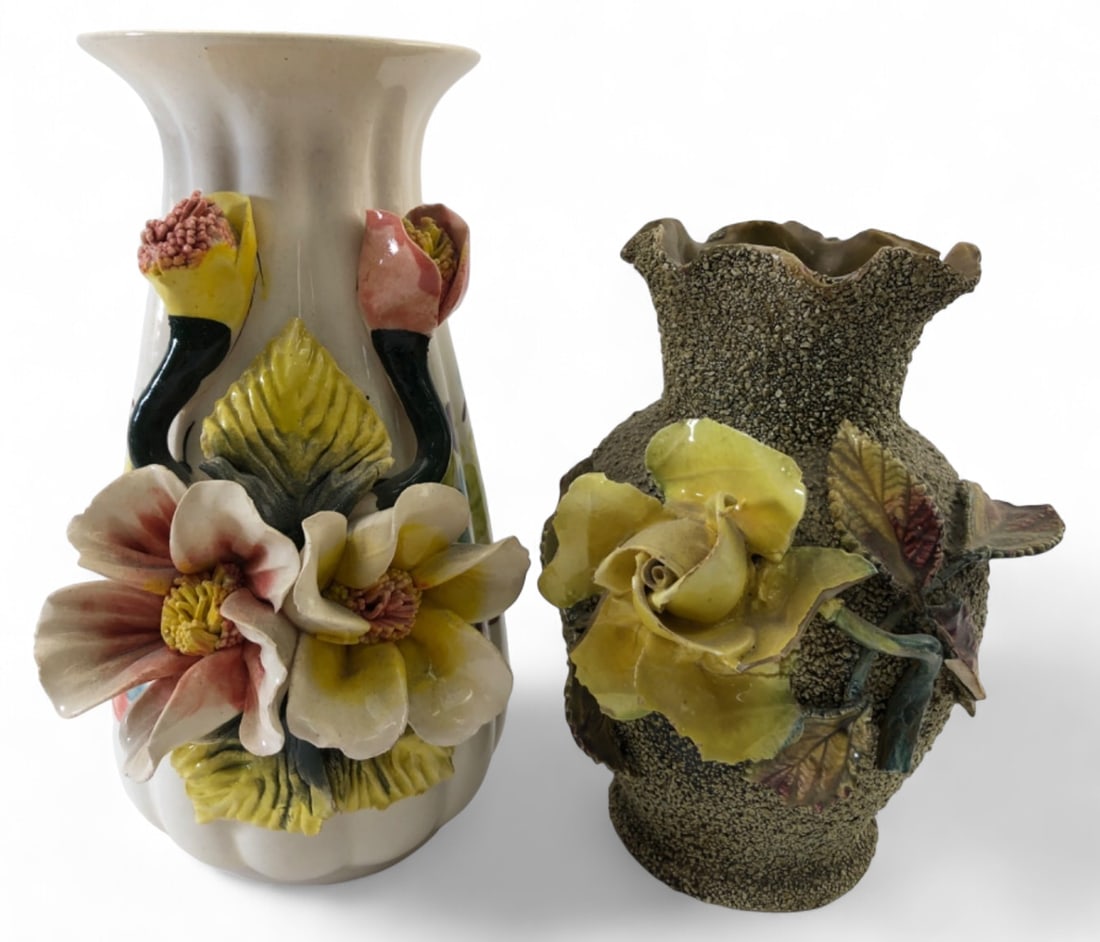 VTG Hand Painted Floral Applique Vases: Pair of vintage ceramic vases with hand-applied and hand-painted floral decorations. One features a smooth white ribbed body marked "8P." on the base (8.5" H). The other features a textured pebbled
