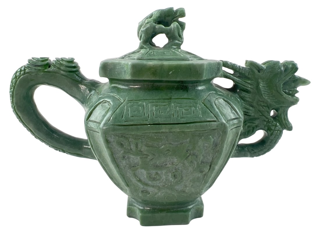 VTG Chinese Green Jade Dragon Teapot: Vintage Chinese carved green jade or hardstone decorative teapot. Features a dragon head spout, dragon handle, and a mythical beast finial on the lid. The body is decorated with incised archaic