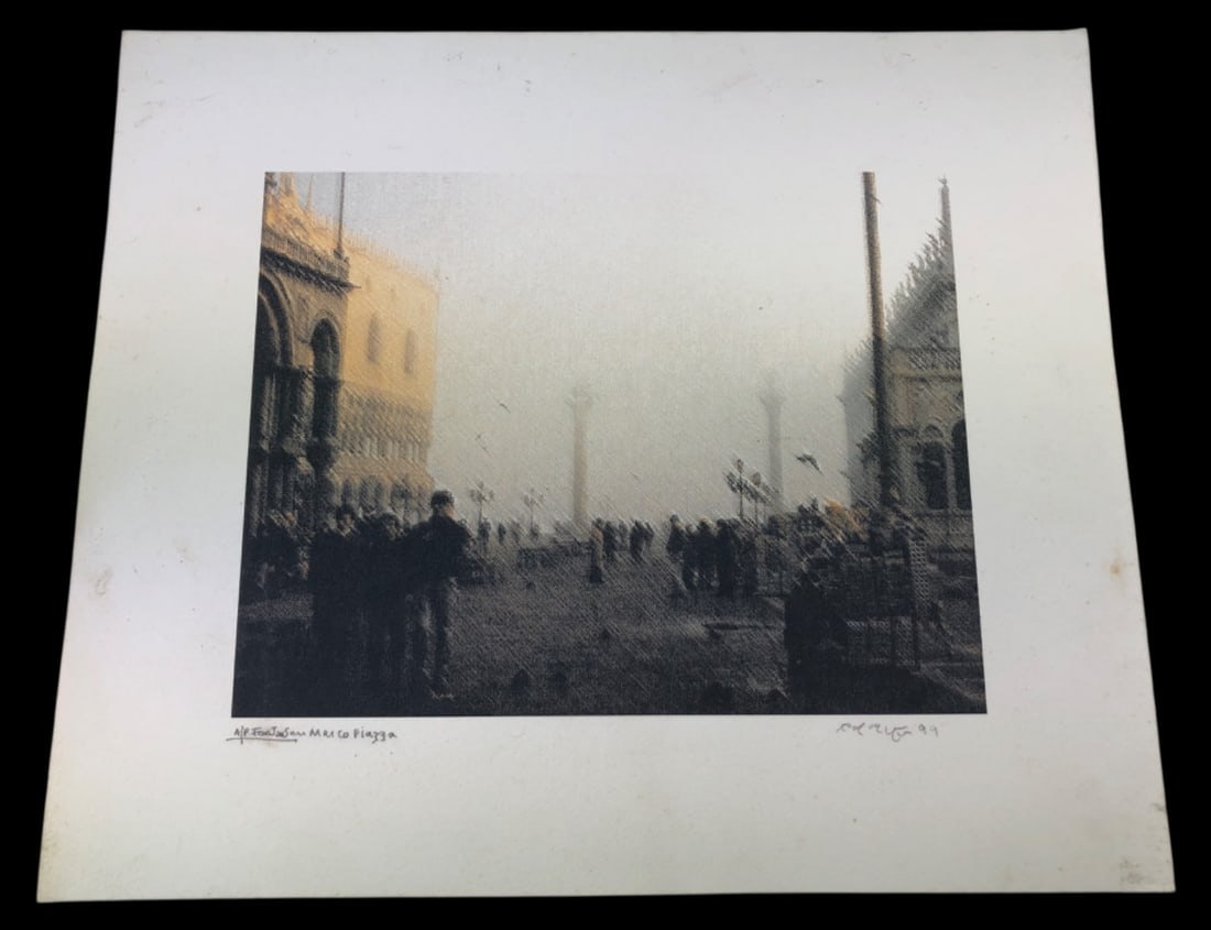 1999 Signed A/P San Marco Piazza Print: Pencil signed artist proof print depicting an atmospheric San Marco Piazza. Illegibly signed and dated 99 in the lower right margin. The lower left is marked A/P and inscribed with the title.