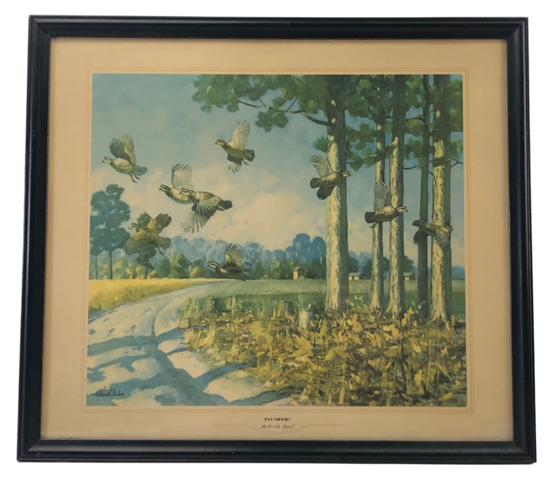 Richard E. Bishop Flushed Bobwhite Quail Print: Framed print titled "FLUSHED! Bobwhite Quail" by Richard E. Bishop. Features a flock of quail taking flight over a rural landscape. Marked with printed signature "Richard E. Bishop" and copyright