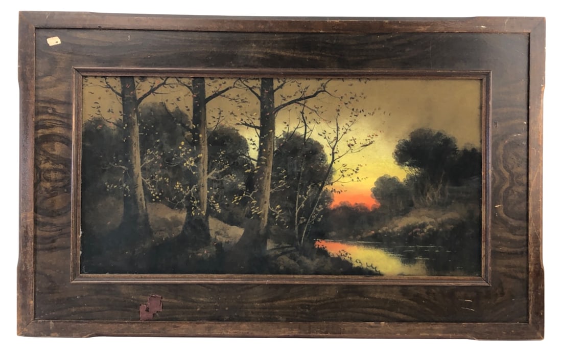 VTG Original Oil Pastel Landscape Artwork: Vintage original oil pastel landscape artwork depicting a bright sunset over a river with silhouetted trees. Unsigned. Housed in a dark wood frame with a wire hanger. Measures 31 x 19 inches. Frame