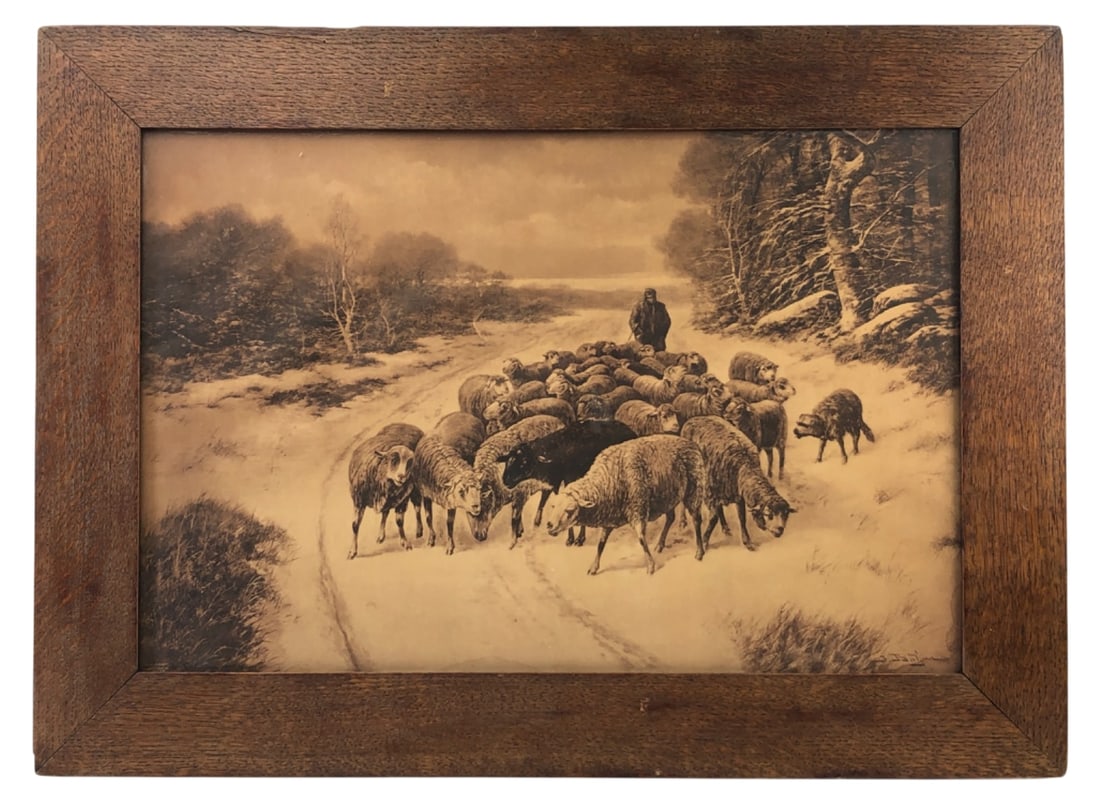VTG Ullman Mfg Co Framed Winter Sheep Print: Vintage framed print of a shepherd and sheep in snow, published by The Ullman Mfg Co., New York. Housed in a wide wood frame. Marks: "Copyright 1904 The Ullman Mfg Co. New York" and a partially