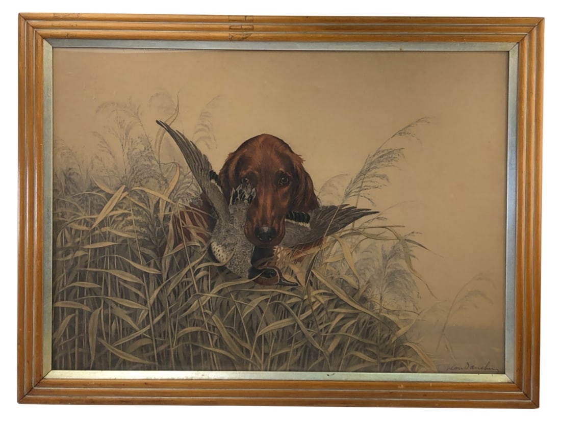Leon Danchin Signed Etching Irish Setter & Teal: Hand-colored aquatint etching by Leon Danchin titled "Bird Dog with Winter Teal". Depicts an Irish Setter retrieving a duck in tall reeds. Pencil signed lower right. Framed under glass. Frame backing