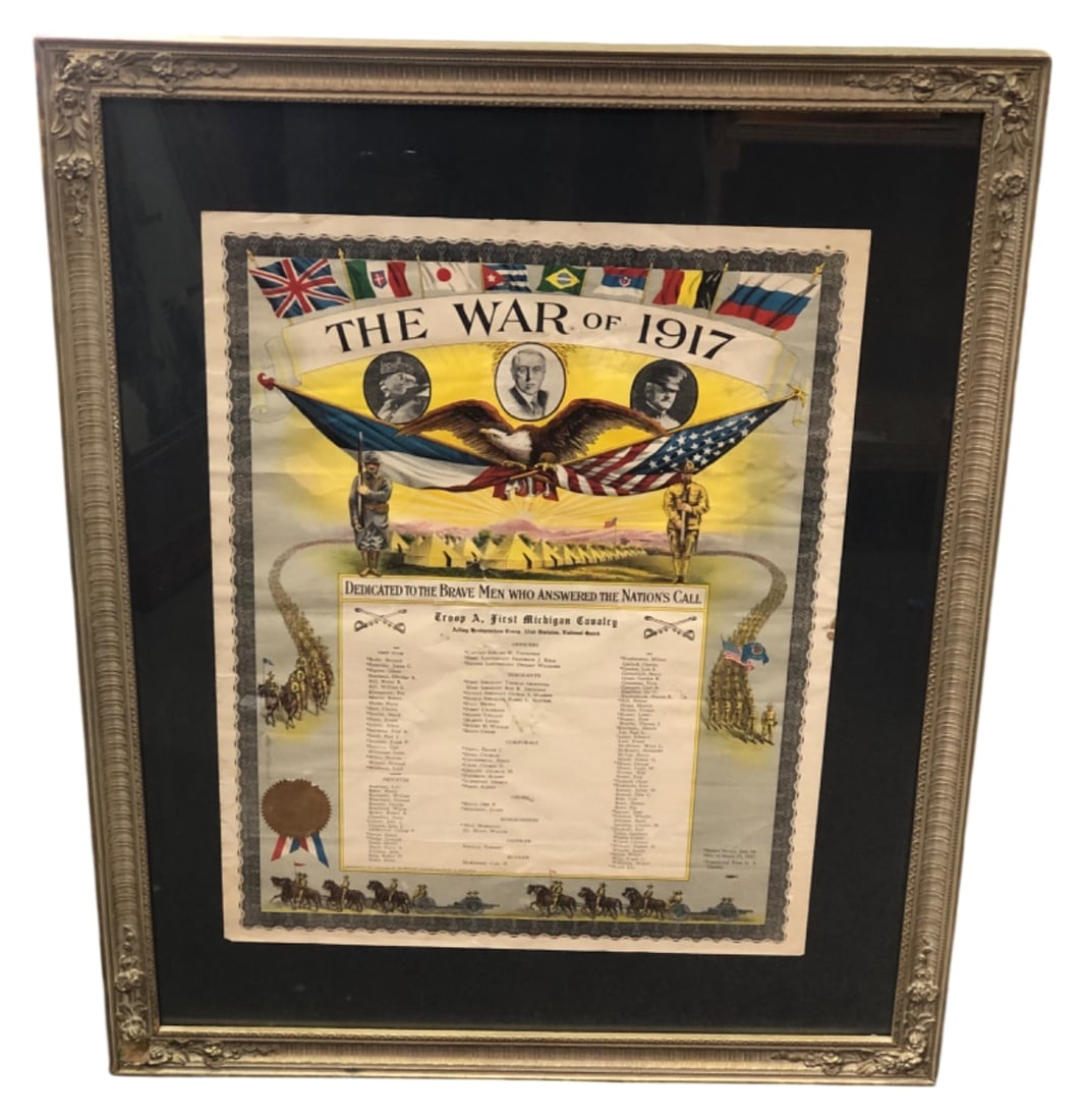 American Soldier's Pub WWI 1st Cavalry Litho: Framed WWI lithograph titled "The War of 1917", dedicated to Troop A, First Michigan Cavalry. Published by The American Soldier's Publishing Co., Cleveland, O., copyrighted 1917. Features Allied