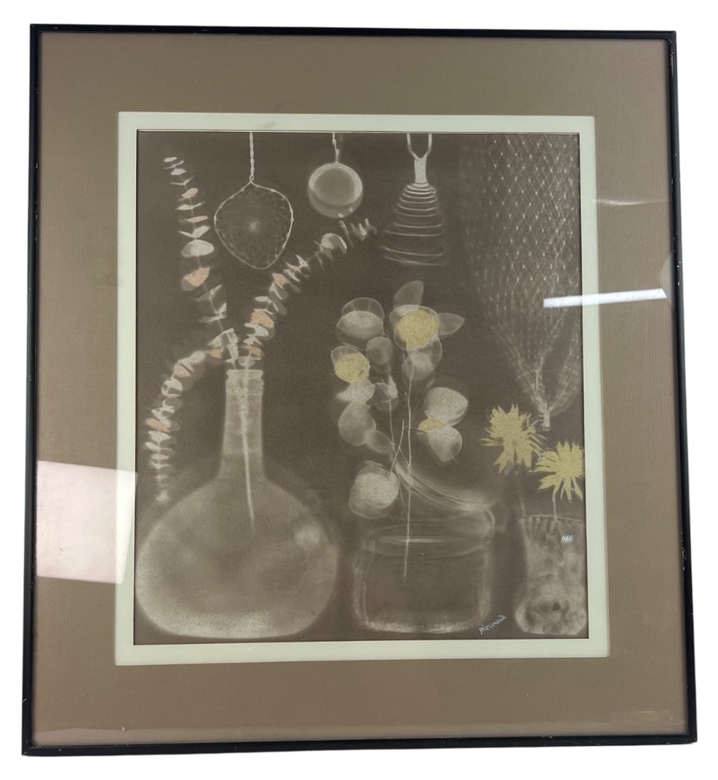 Neumann Signed Botanical Still Life Artwork: Framed botanical still life artwork signed "Neumann". Features a composition of glass vessels, dried foliage, and netting rendered in white and gold tones on dark paper, likely pastel or chalk. Housed