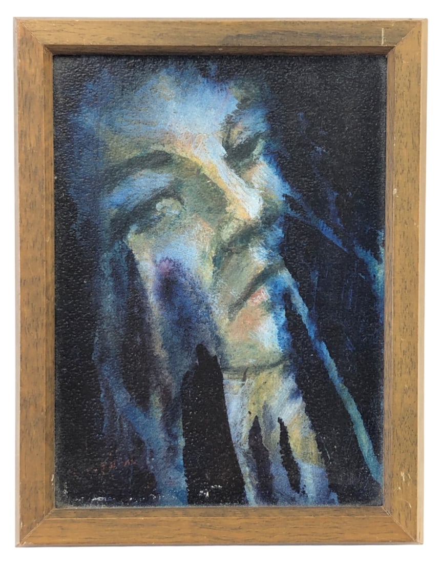 Framed Abstract Portrait Print on Board 7x9: Framed abstract portrait print on textured board. Features a stylized face in hues of blue, black, and yellow. Housed in a simple wood frame. Measures 7x9 inches. Shows minor wear to the frame and