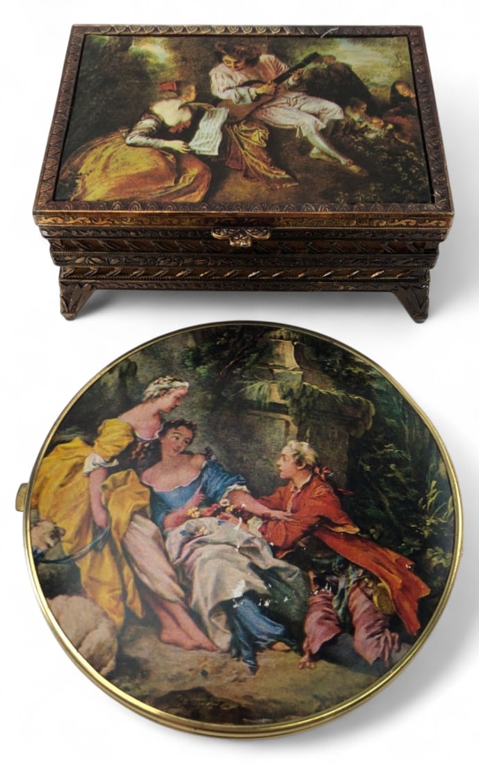 Vtg Fuji Music Box & W. Germany Compact Lot: Lot includes a rectangular gold-tone metal music box with a romantic pastoral scene lid, velvet interior, and Fuji Japan movement (tested and works). Also includes a round gold-tone compact mirror