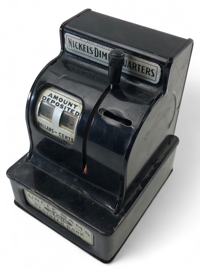 Durable Toy Uncle Sam's 3 Coin Register Bank: Uncle Sam's 3 Coin Register Bank by Durable Toy & Novelty Corp., Hackensack, NJ. Black painted metal construction. Features mechanical lever, amount deposited counter, and top slot for paper money. Ma