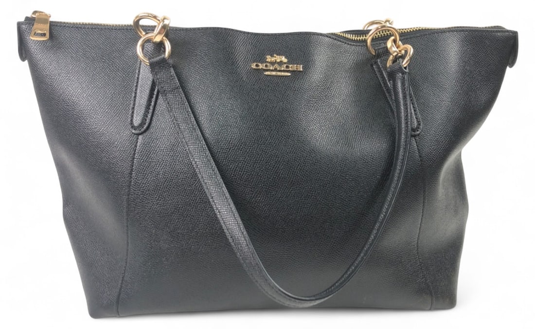 Coach Black Crossgrain Leather Ava Tote Bag: Coach black crossgrain leather Ava tote bag (style F57526). Features gold-tone hardware, top zip closure, exterior slip pocket, and black fabric-lined interior with zip and slip pockets. Interior