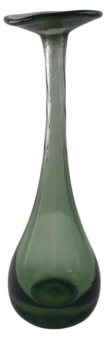 MCM Signed Hand Blown Green Art Glass Vase 14": Mid-Century Modern hand-blown green art glass vase. Features a slender teardrop form with a flared rim and polished pontil. Signed and dated '74 on the base by the artist (signature partially