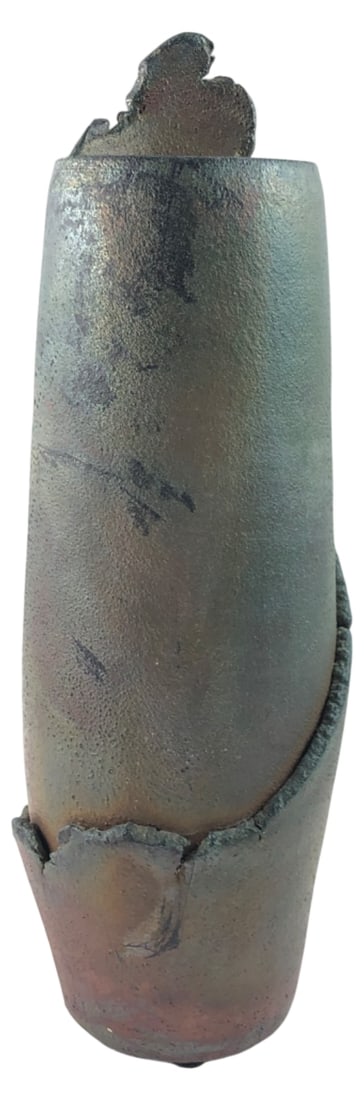 Charnetski Signed Raku Ceramic Vase 15": Tall cylindrical Raku ceramic vase by Charnetski. Features a dark, metallic iridescent glaze, an angled overlapping seam near the base, and an irregular rim. Base is signed "CHARNETSKI 29-89 CREATED