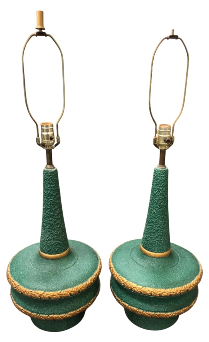 Pair Mid-Century Green Textured Table Lamp 34": Pair of Mid-Century Modern style table lamps featuring a rough green textured finish with gold-painted molded leaf motif bands. Likely plaster or ceramic with metal hardware. Unmarked. Both show