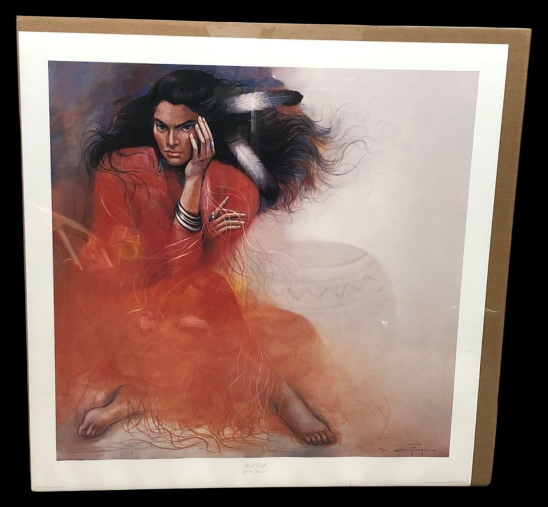 Ozz Franca Red Wolf Limited Edition Print: Limited edition print titled "Red Wolf" by Ozz Franca. Features a portrait of a Native American woman. Numbered 561/1500 and signed in the lower margin. Published by Hadley House in 1991. Item is