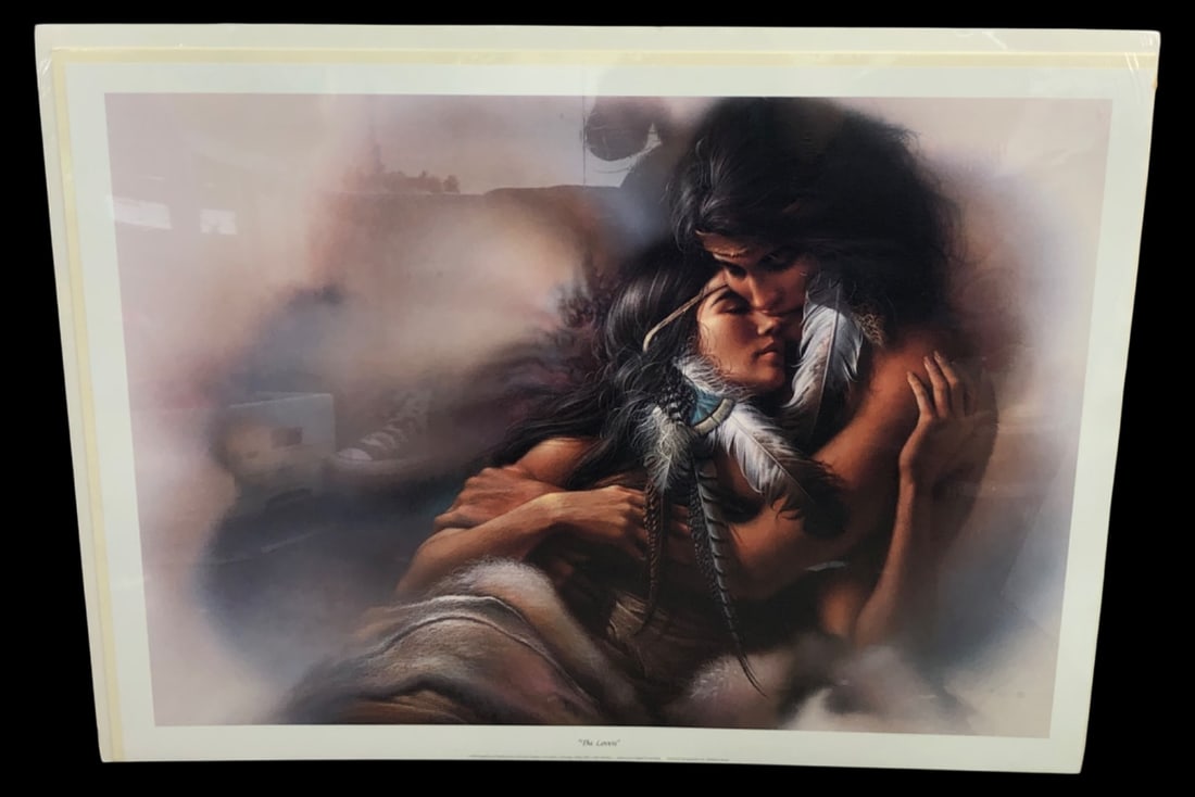 Lee Bogle "The Lovers" Limited Edition Print: Limited edition print titled "The Lovers" by Lee Bogle. Published in 1994 by Artic Rose Galleries. Numbered 1351/1975 and signed by the artist. Features a Native American couple embracing. Item is