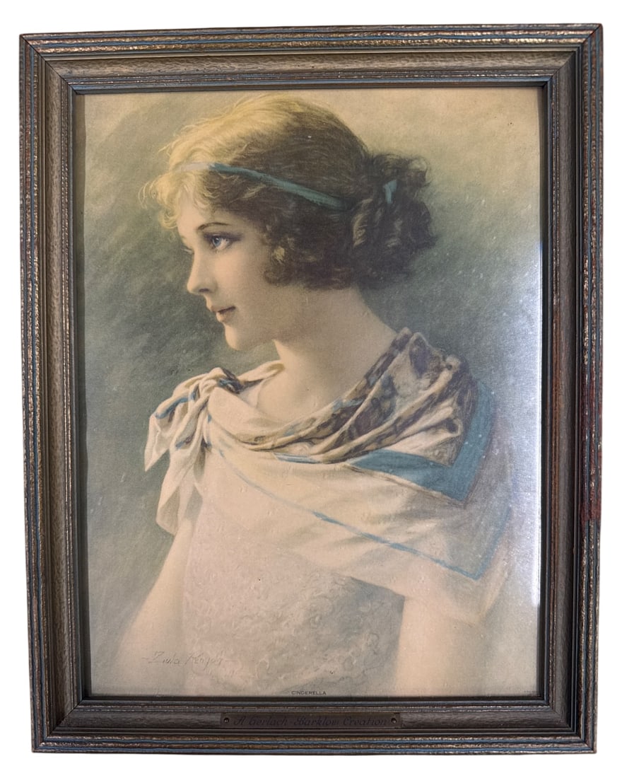 Zula Kenyon Cinderella Print Gerlach-Barklow: Framed vintage portrait print titled "Cinderella" by American artist Zula Kenyon. Published by Gerlach-Barklow, as noted on the frame's metal plaque. Features a young woman in profile. Housed in a