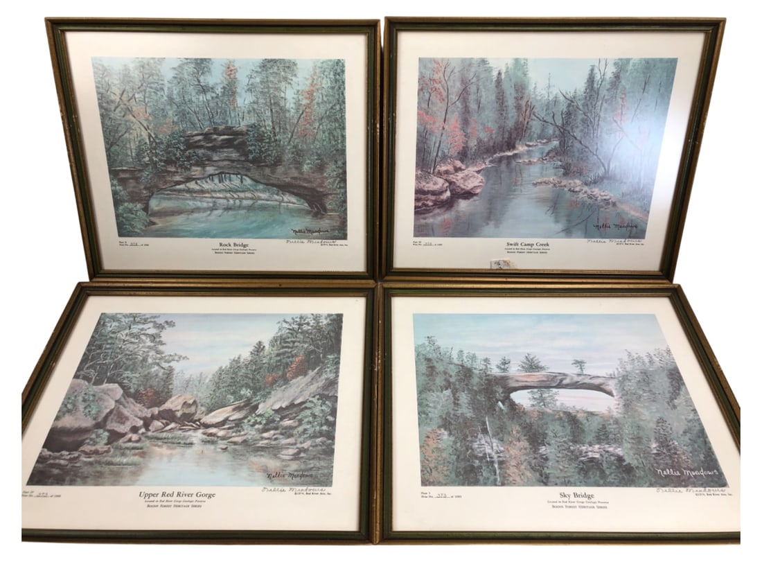 Nellie Meadows Set of 4 Red River Gorge Prints: Set of four limited edition prints by Nellie Meadows from the Boone Forest Heritage Series, 1974. Includes Rock Bridge, Swift Camp Creek, Sky Bridge, and Upper Red River Gorge. Each is numbered