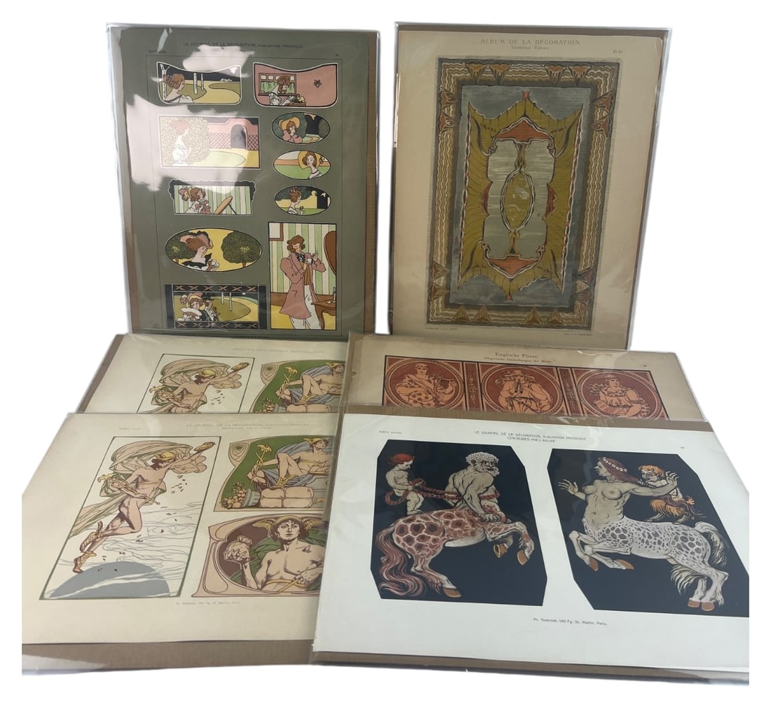 6 Art Nouveau Decorative Lithograph Prints: Collection of six decorative arts lithograph prints from French and German publications. Includes plates from "Le Journal de la Décoration" (Ar. Guérinet, Paris) featuring centaurs by J. Goller and