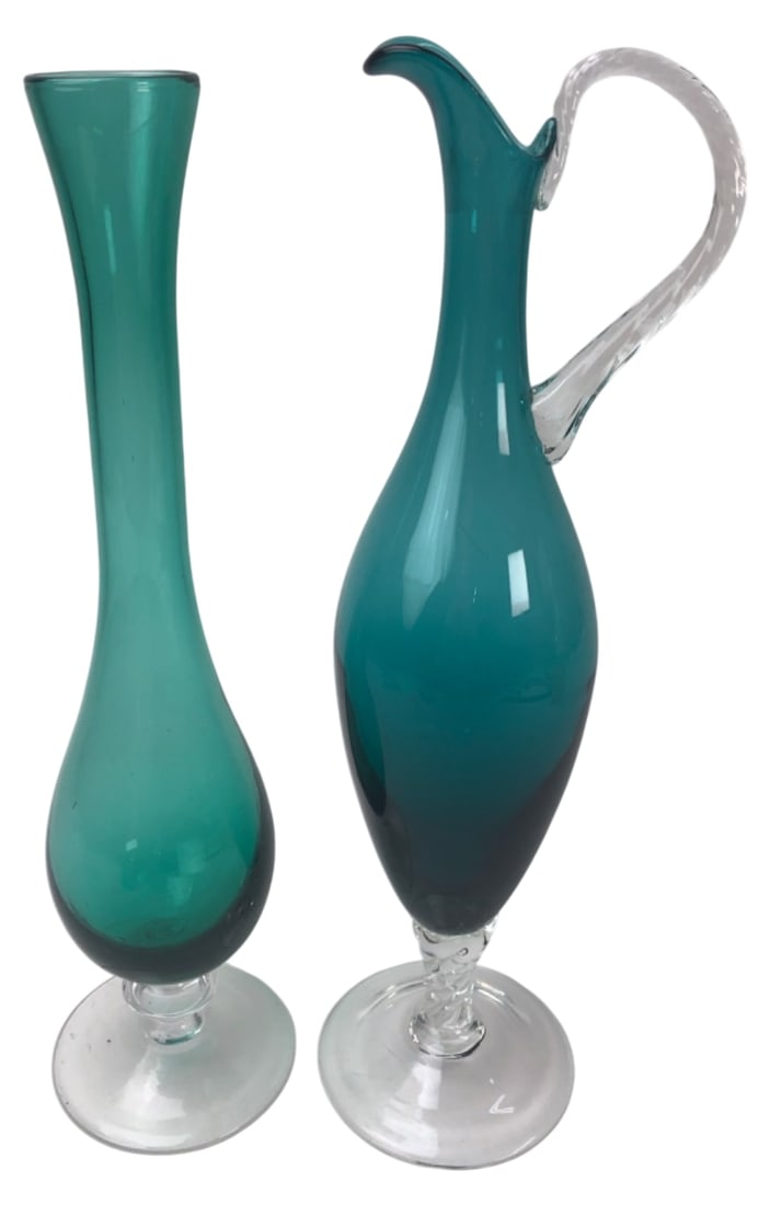 VTG MCM Empoli Teal Art Glass Vase & Ewer: Pair of vintage mid-century Italian art glass vessels handcrafted in the Empoli region. Includes a teardrop vase and a footed ewer pitcher with an applied clear glass handle. Both feature a vibrant