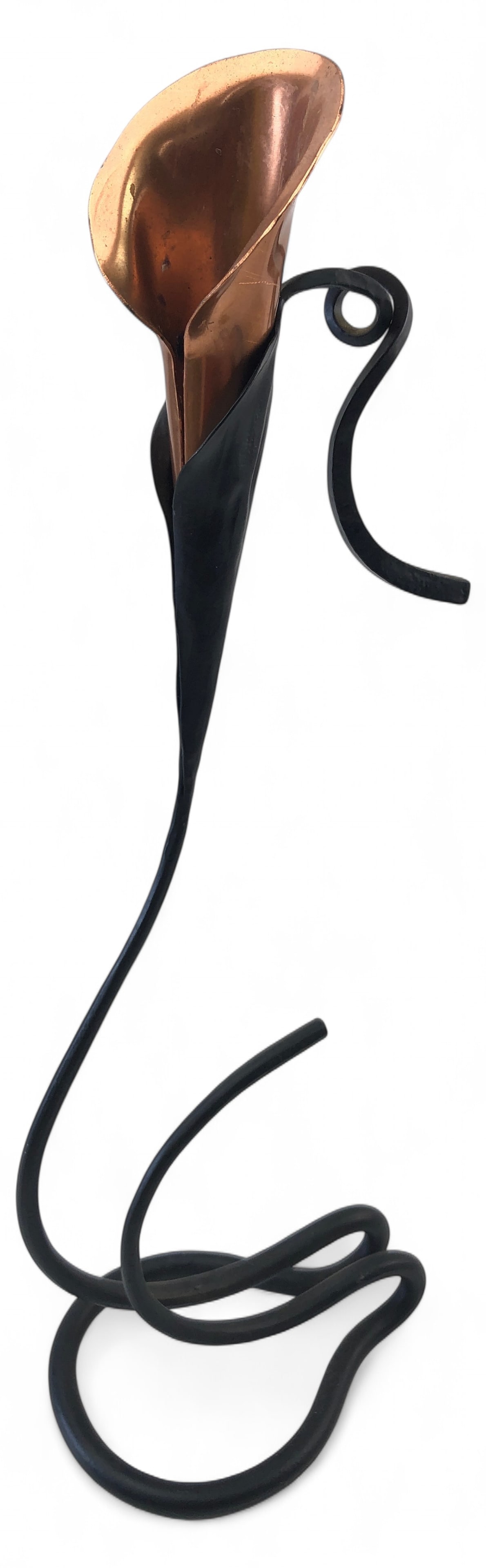 Jack Brubaker Iron Lily Candleholder: Forged iron and copper calla lily candleholder by Jack Brubaker. Features a twisting black iron stem and base with a formed copper lily cup. Signed by the artist. Measures approximately 15.25" H. Show