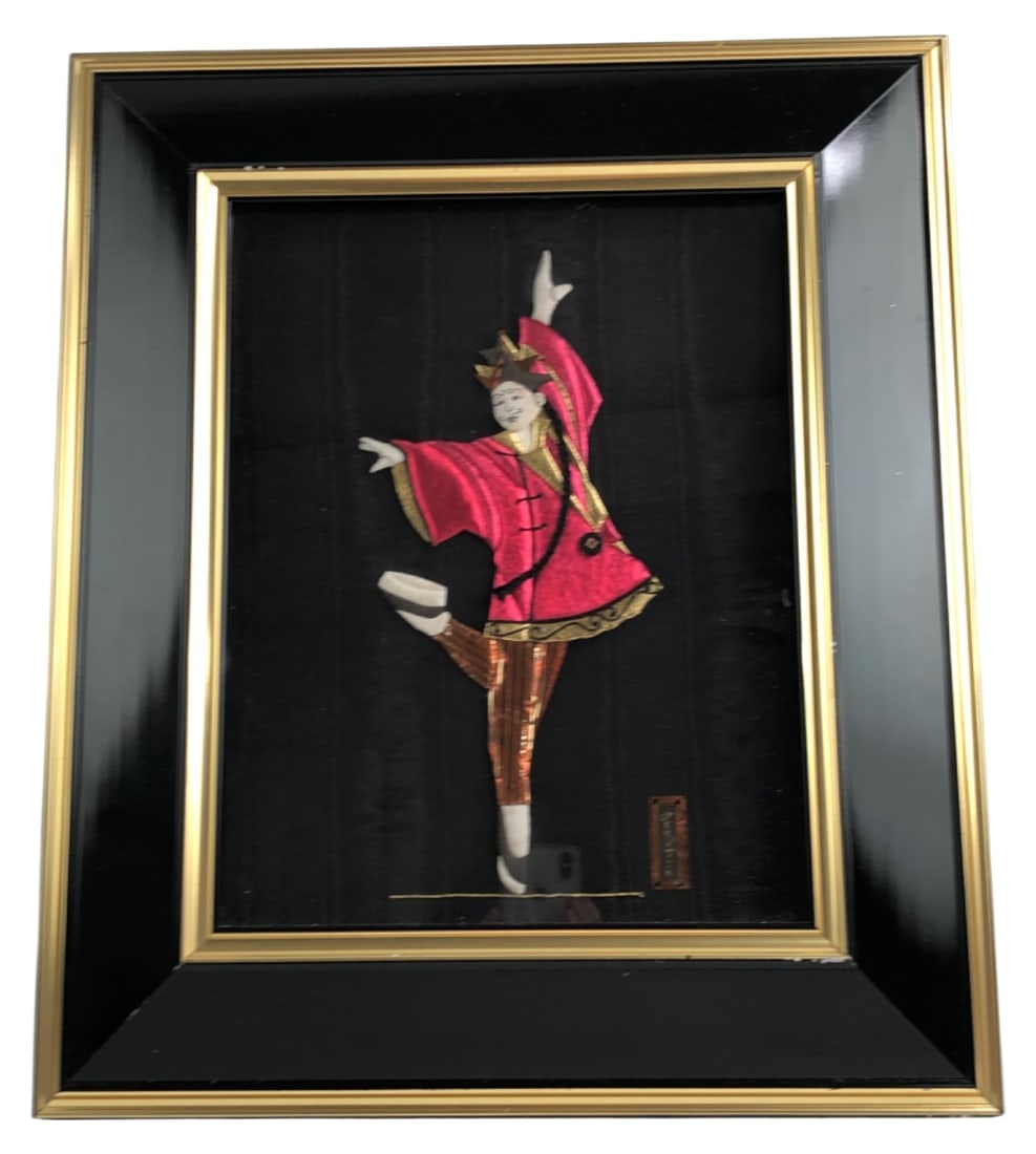 Joan Sato Framed Mixed Media Textile Art: Framed mixed media textile art by Joan Sato, dated '93. Features an Asian theatrical dancer constructed from folded silk and satin fabrics with a painted face and metallic accents. Signed in Katakana