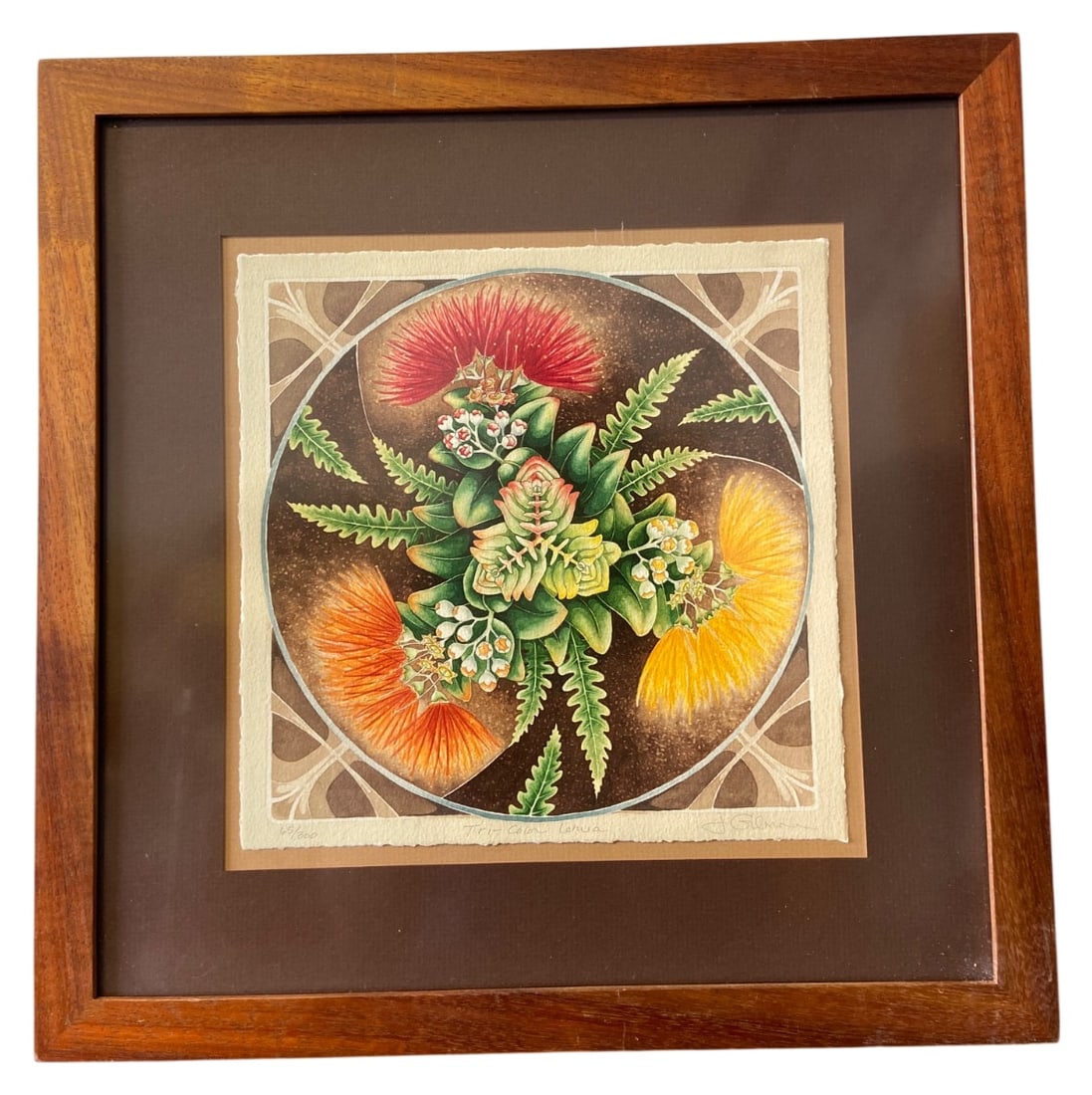Jamie Lynn Gilmore Tri-Color Lehua Print: Limited edition print titled "Tri-Color Lehua" by Jamie Lynn Gilmore. Features red, orange, and yellow lehua blossoms with ferns in a circular design. Numbered 65/300, titled, and pencil signed by the