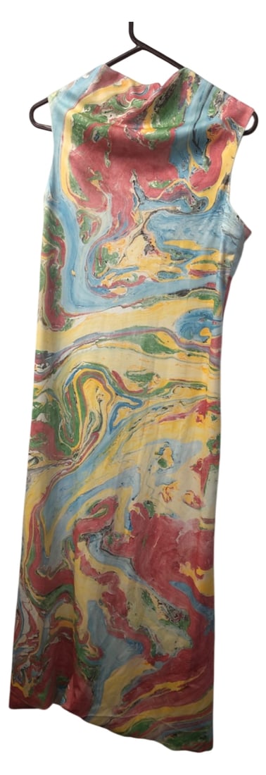 Don Luis de Espana Marbled Maxi Dress: Sleeveless maxi dress by Don Luis de España. Features a vibrant multi-color marbled abstract pattern in red, blue, yellow, and green. Designed with a high front neck and square back neckline with zip