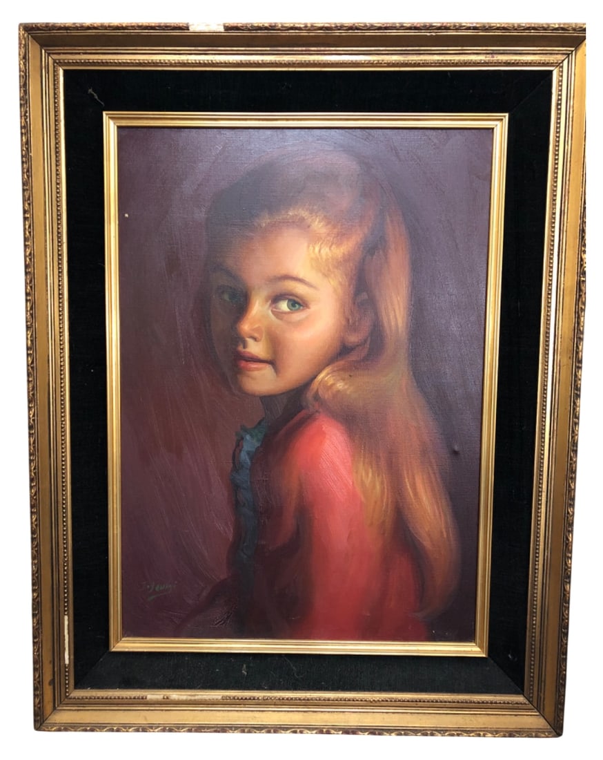 I. Luigi Signed Oil Portrait of a Girl: Framed oil on canvas portrait of a young girl, signed "I. Luigi" in the lower left. The canvas bears an "Industria Argentina" stamp on the reverse, indicating South American origin. Housed in a gold-t
