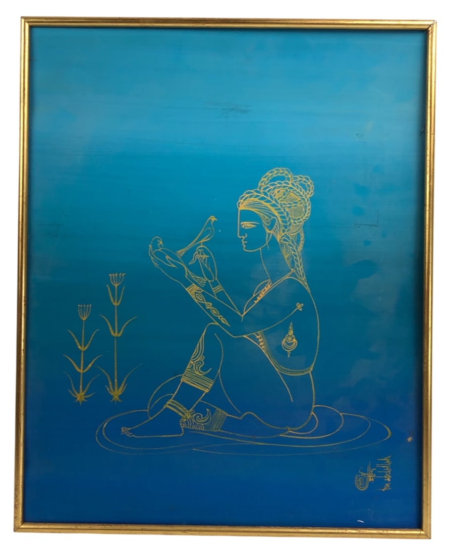 Jellal Ben Abdallah Framed Artwork: Framed artwork by Jellal Ben Abdallah featuring a gold line drawing of a seated woman holding a bird against a blue background. Housed in a thin gold-tone frame. The reverse bears a label from The Row