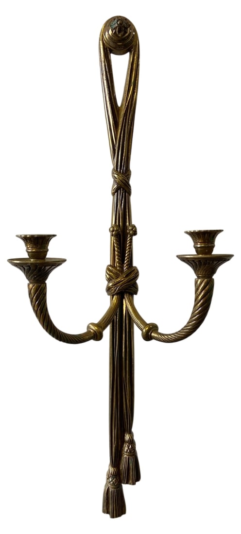 Spanish Brass 2-Light Tassel Wall Sconce 25": Cast brass 2-light wall sconce featuring a Neoclassical tassel and ribbon motif with twisted rope arms. Retains original "Made in Spain" sticker on the reverse. Measures 25" long. Condition: shows nat