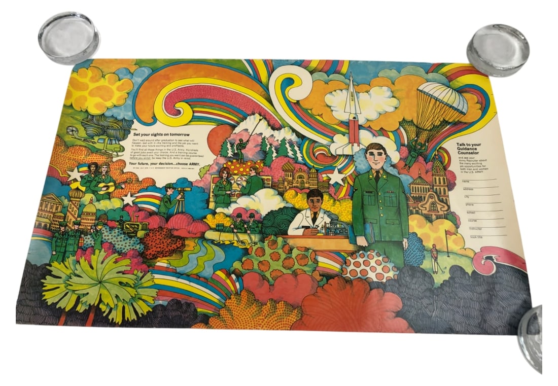 1970 U.S. Army Psychedelic Poster 13x20: 1970 U.S. Army recruitment poster featuring vibrant psychedelic pop-art style illustrations of various military careers. Printed by the U.S. Government Printing Office, marked "RPI 946, July 1970". Me