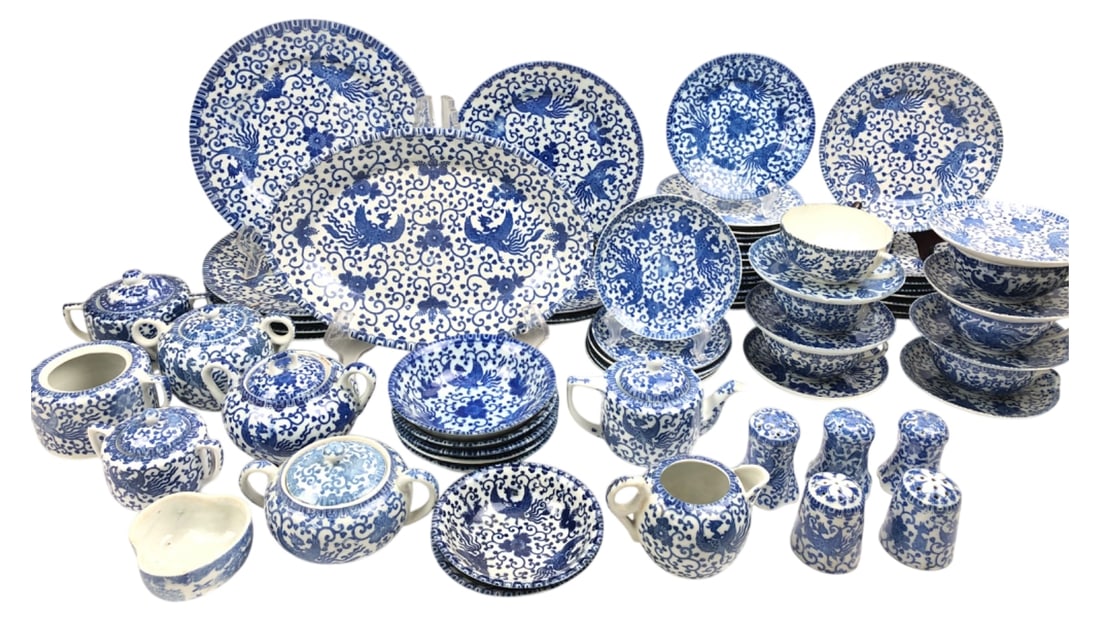 Morimura Bros Phoenix Bird Porcelain Set: Large set of Japanese blue and white porcelain dinnerware in the Phoenix Bird pattern. Marked with Morimura Bros "M" wreath and "Made in Japan". Includes 37 plates (5.5" to 10"), 12x8" platter, 5 S&P 