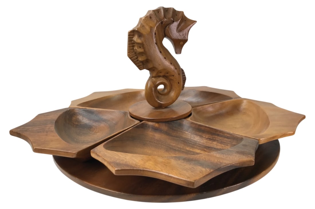 Philippine Monkey Pod Wood Seahorse Lazy Susan: Vintage carved monkey pod wood lazy susan serving set, made in the Philippines. Features a central carved seahorse handle and five removable petal-shaped serving dishes on a rotating base. Retains par
