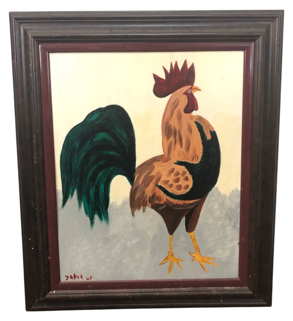 Signed Yates Folk Art Rooster Painting, 1965 (1 of 3)