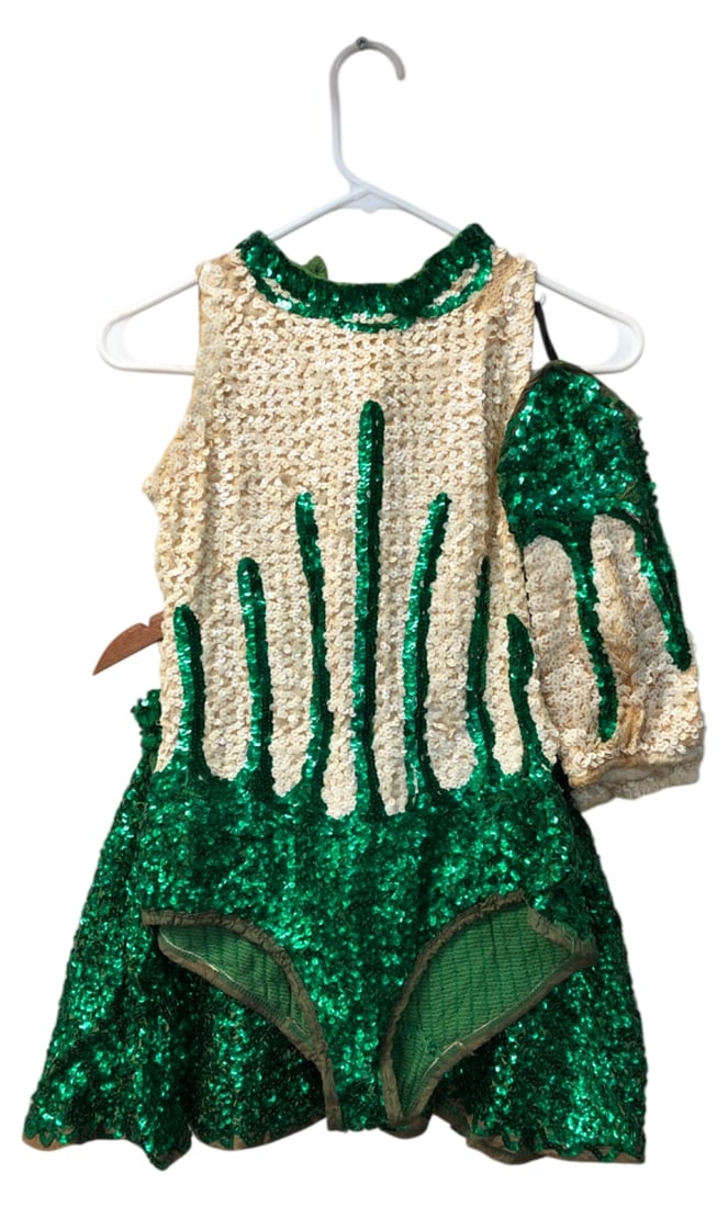 Vintage Green & White Sequin Dance Costume: Vintage performance or dance costume featuring a green and white sequined leotard with attached skirt and matching separate arm sleeves. Unmarked maker. Constructed with a heavy fabric base, metal