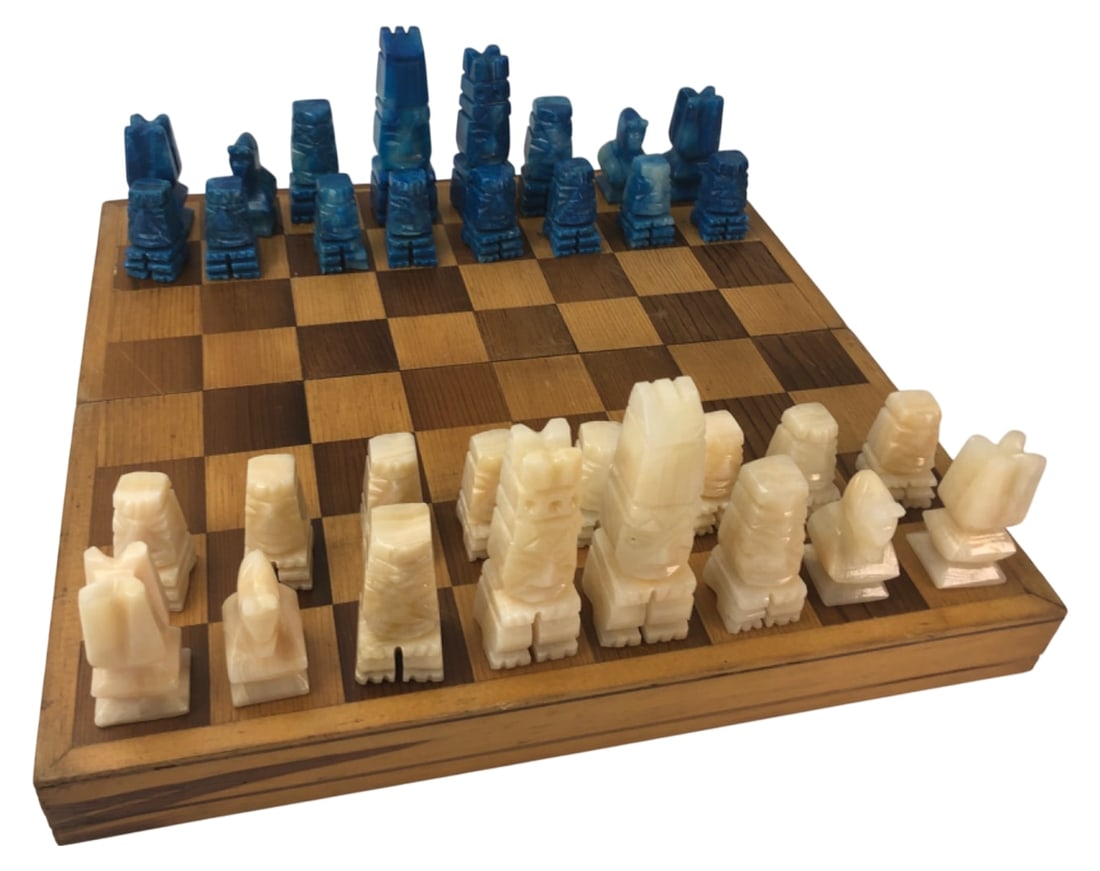 Carved Onyx Aztec Style Chess Set 15.5x16 Board (1 of 11)