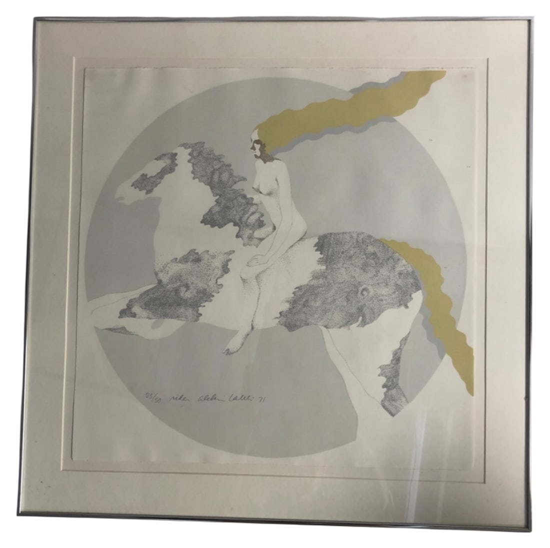 Framed 1971 "Rider" Limited Edition Print 24x24: Framed limited edition print titled "rider", depicting a nude woman on horseback. Numbered 23/50, signed indistinctly (appears to be Laliti or Lalicki), and dated '71 in pencil. Features stippled