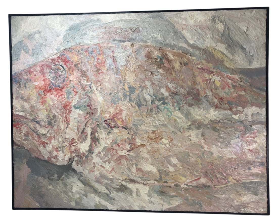 Cullins 1974 Abstract Impasto Oil on Canvas: Original abstract impasto oil on canvas painting by Cullins. Features heavy palette knife texture in hues of pink, grey, white, and brown. Signed and dated "r. cullins 74" on the reverse canvas. Unfra