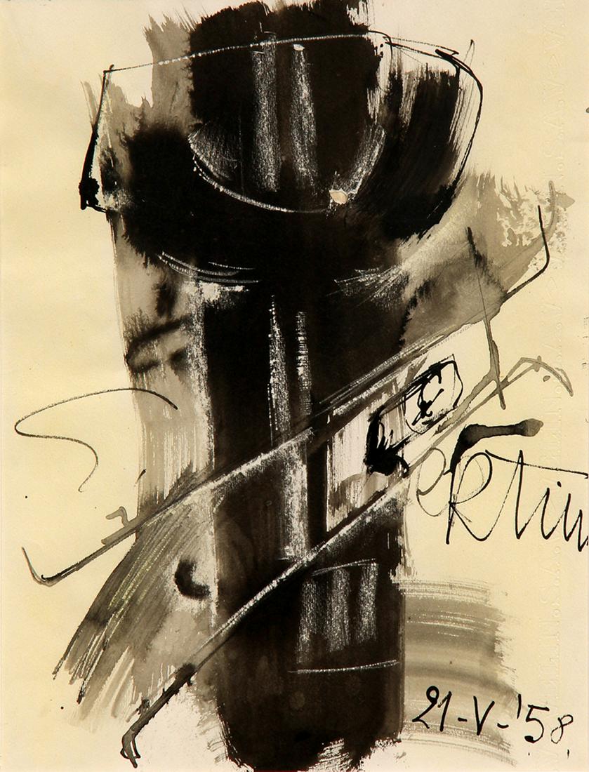 BERTINI Gianni, Senza titolo: Senza titolo 1958 mixed media on paper cm. 32.5 x 25 Certificate of the Associazione Gianni Bertini dated Milan, 01.29.2018 Signed, dated "Bertini, 21-V-58" (lower right)