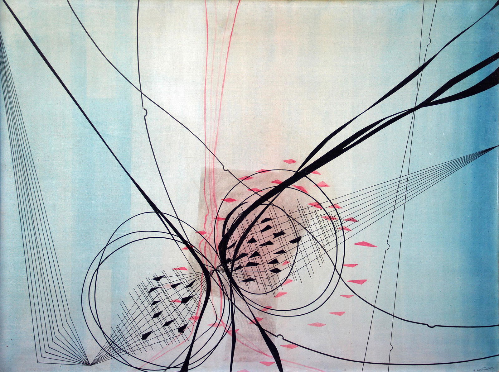 BERTINI Gianni, Senza titolo, 1953: Aniline and acrylic on canvas, Signed, dated "G. Bertini, '53" (lower right)Signed, written, dated "Gianni Bertini, 1953" (on the reverse), . F. Tedeschi "Gianni Bertini", catalogo ragionato, tomo sec