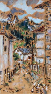 DE PISIS Filippo, Paesaggio di Auronzo, 1946: oil on board, cm. 48x25Petrassi private collection, RomeG. Briganti "De Pisis. Catalogo generale. Tomo secondo. Opere 1939-1953", Electa, Milan 1991, p.688, rif. 1946 44Signed, dated "De Pisis, '46"