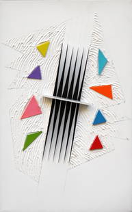 BIASI Alberto, Non piove più, i merli cantano ed io gioco, 1998: oil, collage and cut on canvas, cm. 40x25Certificate issued by the artist, under no. POL 102Signed, dated, titled "Alberto Biasi, 1998, Non piove più, i merli cantano ed io gioco" (on the reverse)
